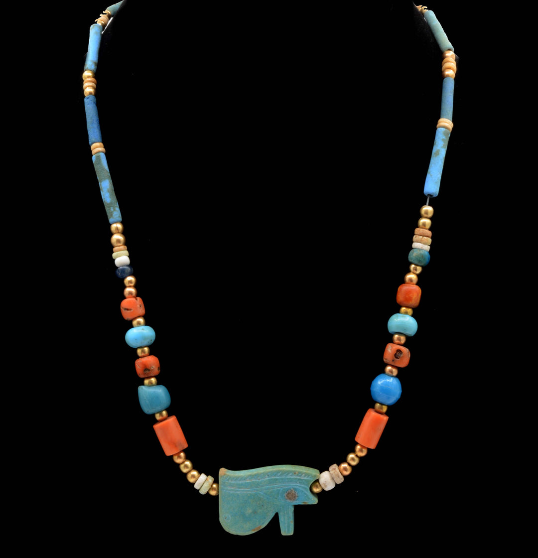 Egyptian Faience, Carnelian, Gold Bead Necklace with Udjat Eye Amulet Pendant