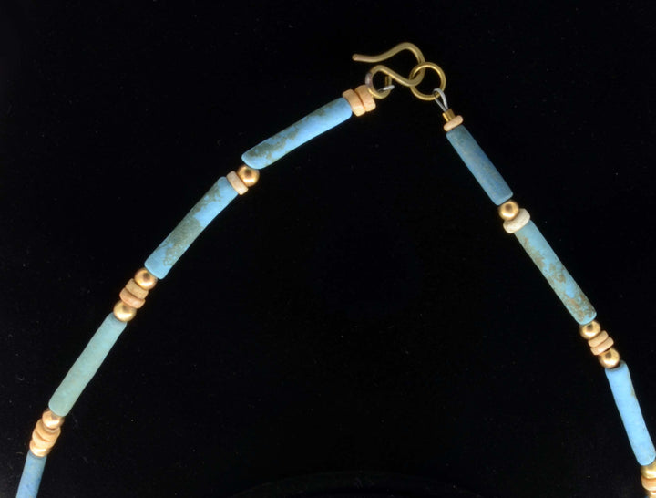 Egyptian Faience, Carnelian, Gold Bead Necklace with Udjat Eye Amulet Pendant