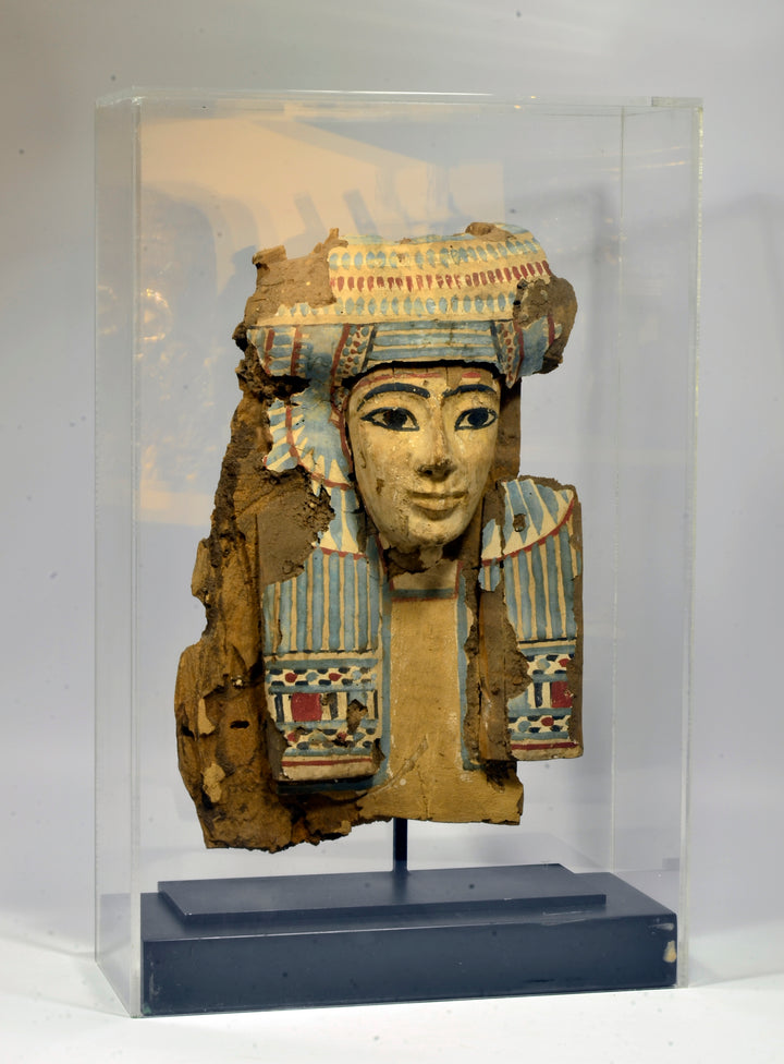 Egyptian Wood Painted Sarcophagus Bust