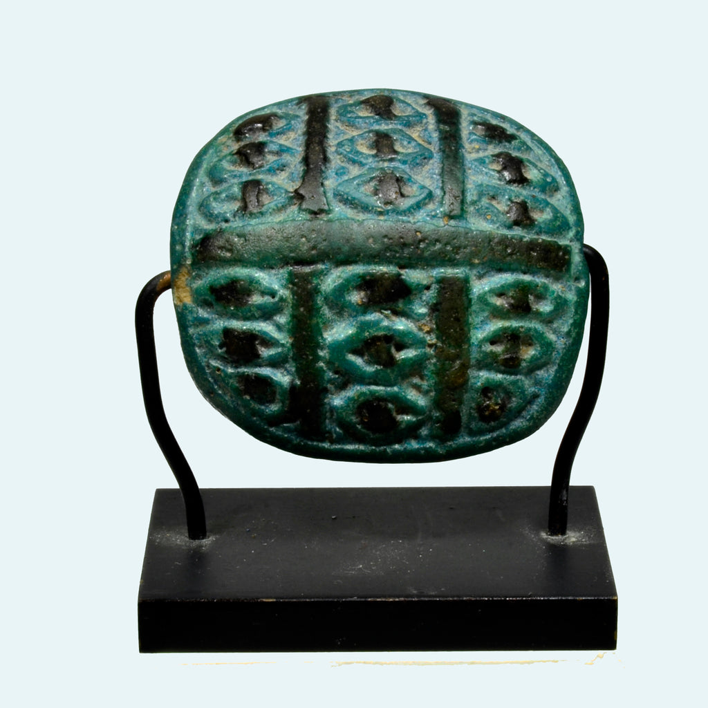 Egyptian Turquoise Faience Udjat Eye Scaraboid Shape Amulet