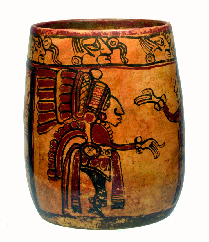 Large Mayan Polychrome Painted Ritual Cylinder Vessel