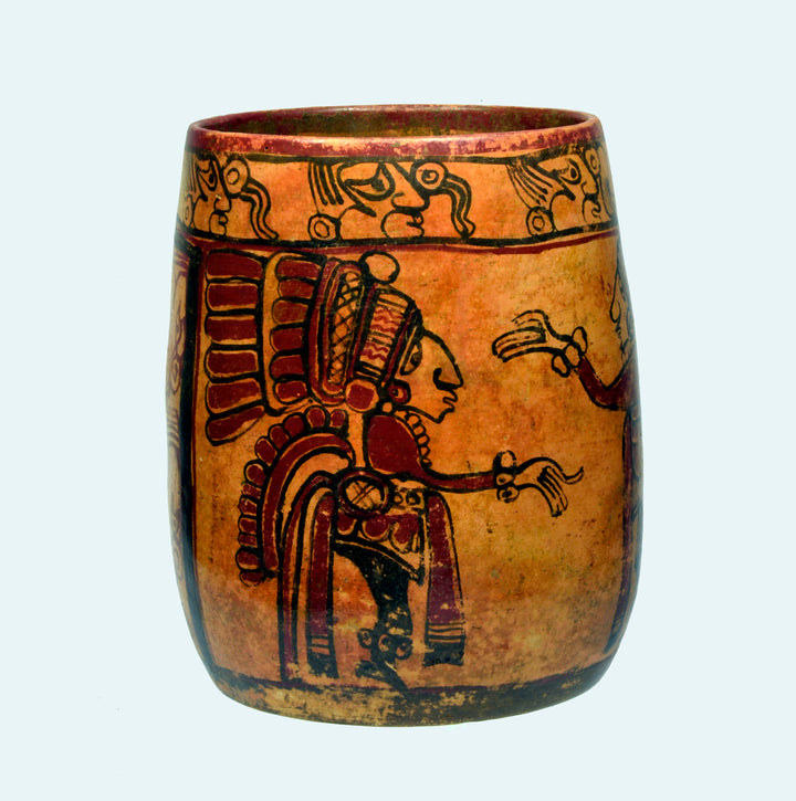 Large Mayan Polychrome Painted Ritual Cylinder Vessel