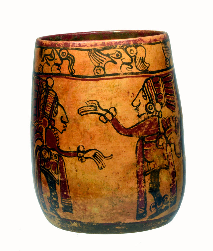 Large Mayan Polychrome Painted Ritual Cylinder Vessel