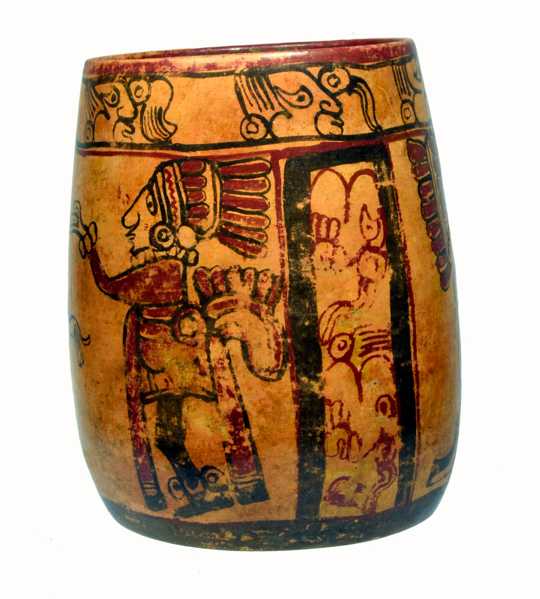 Large Mayan Polychrome Painted Ritual Cylinder Vessel
