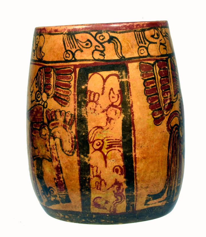 Large Mayan Polychrome Painted Ritual Cylinder Vessel