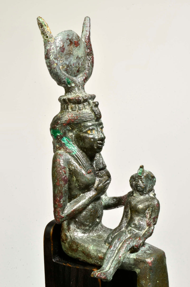 Fine Egyptian Bronze Goddess Isis Nursing Horus with inlaid Eyes