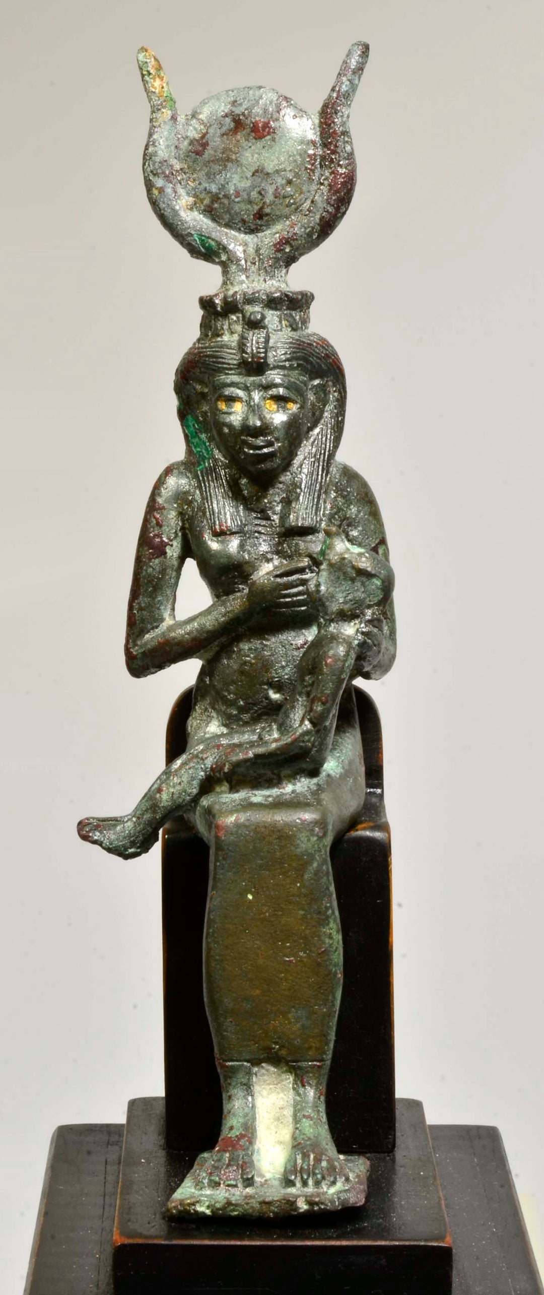 Fine Egyptian Bronze Goddess Isis Nursing Horus with inlaid Eyes