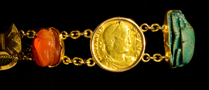 Egyptian Revival Gold Bracelet with Ancient Stone Scarabs and Gold Coins