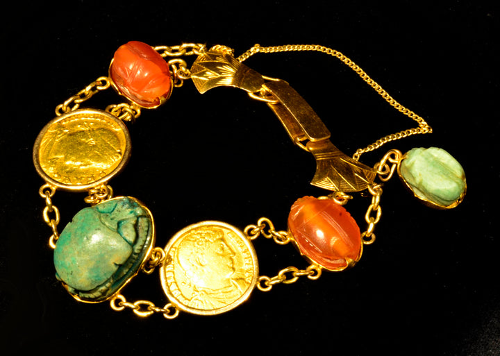 Egyptian Revival Gold Bracelet with Ancient Stone Scarabs and Gold Coins