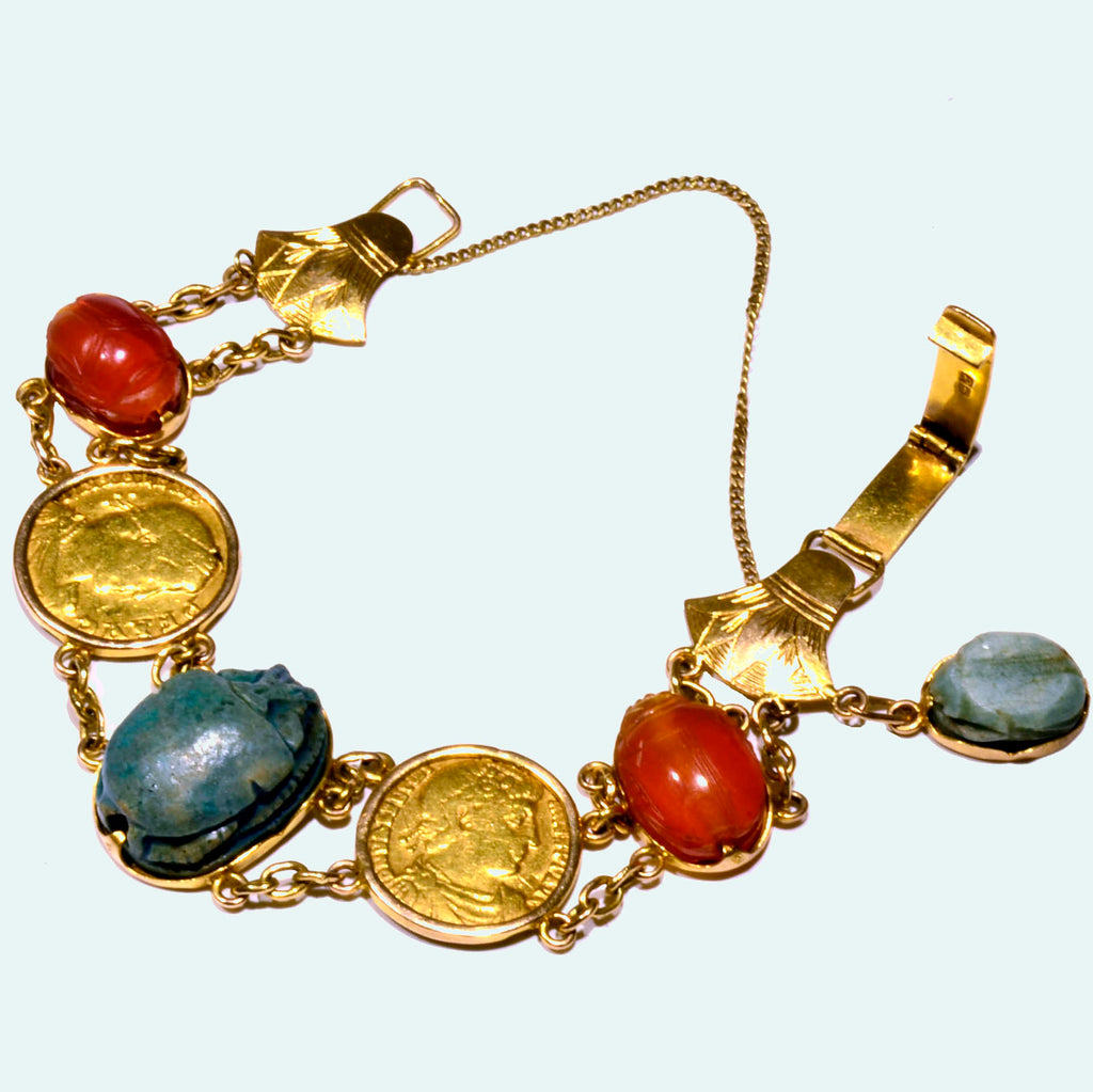 Egyptian Revival Gold Bracelet with Ancient Stone Scarabs and Gold Coins