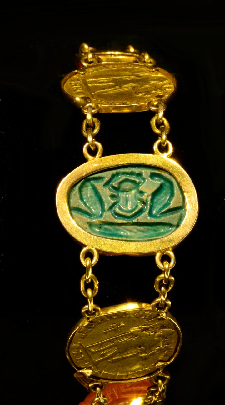 Egyptian Revival Gold Bracelet with Ancient Stone Scarabs and Gold Coins