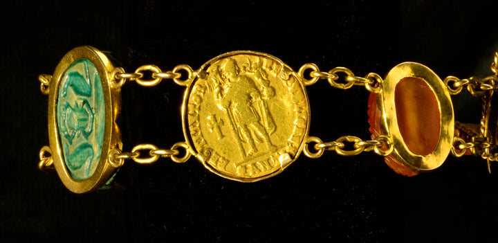 Egyptian Revival Gold Bracelet with Ancient Stone Scarabs and Gold Coins