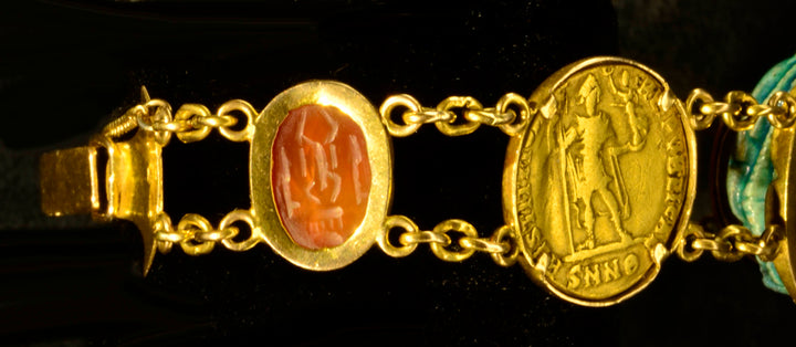 Egyptian Revival Gold Bracelet with Ancient Stone Scarabs and Gold Coins