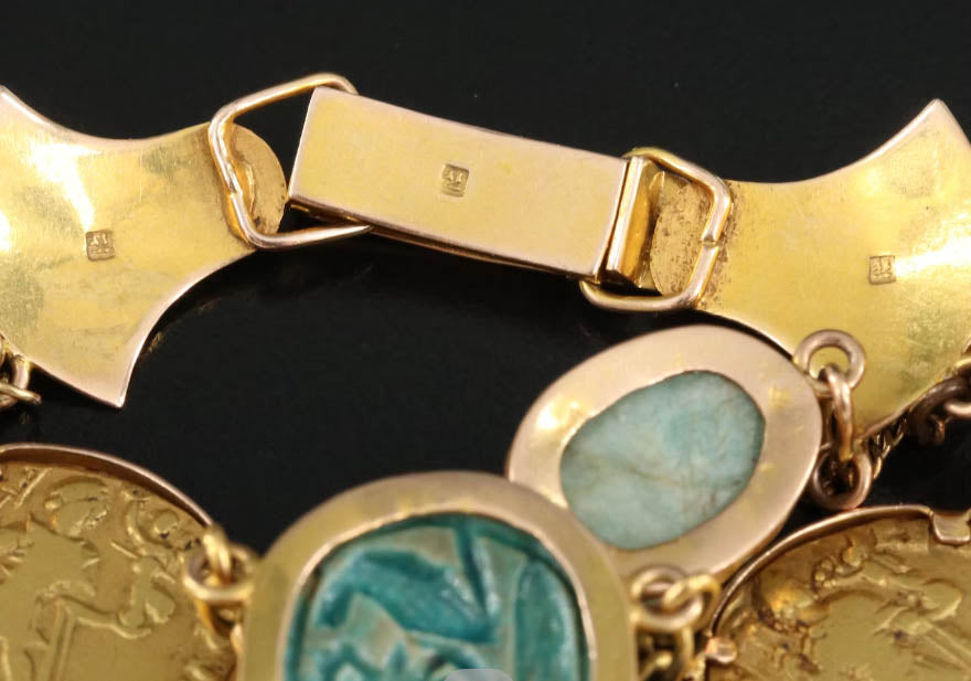 Egyptian Revival Gold Bracelet with Ancient Stone Scarabs and Gold Coins