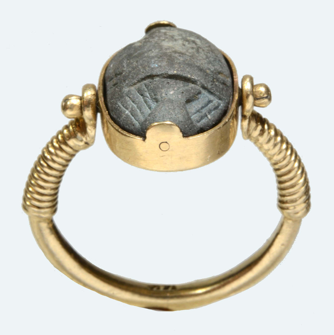Egyptian Faience Scarab 14K Gold Swivel Ring