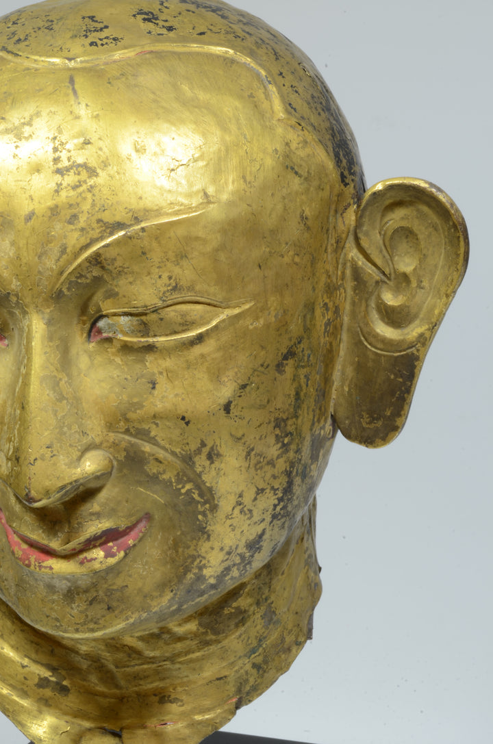 Tibetan Gilt Copper Lifesize Head of a Lohan