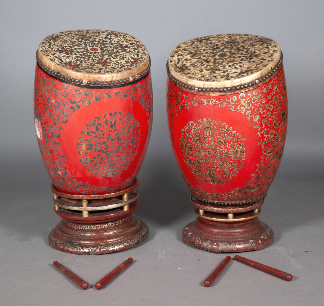 Large Pair of Chinese Lacquered Drums