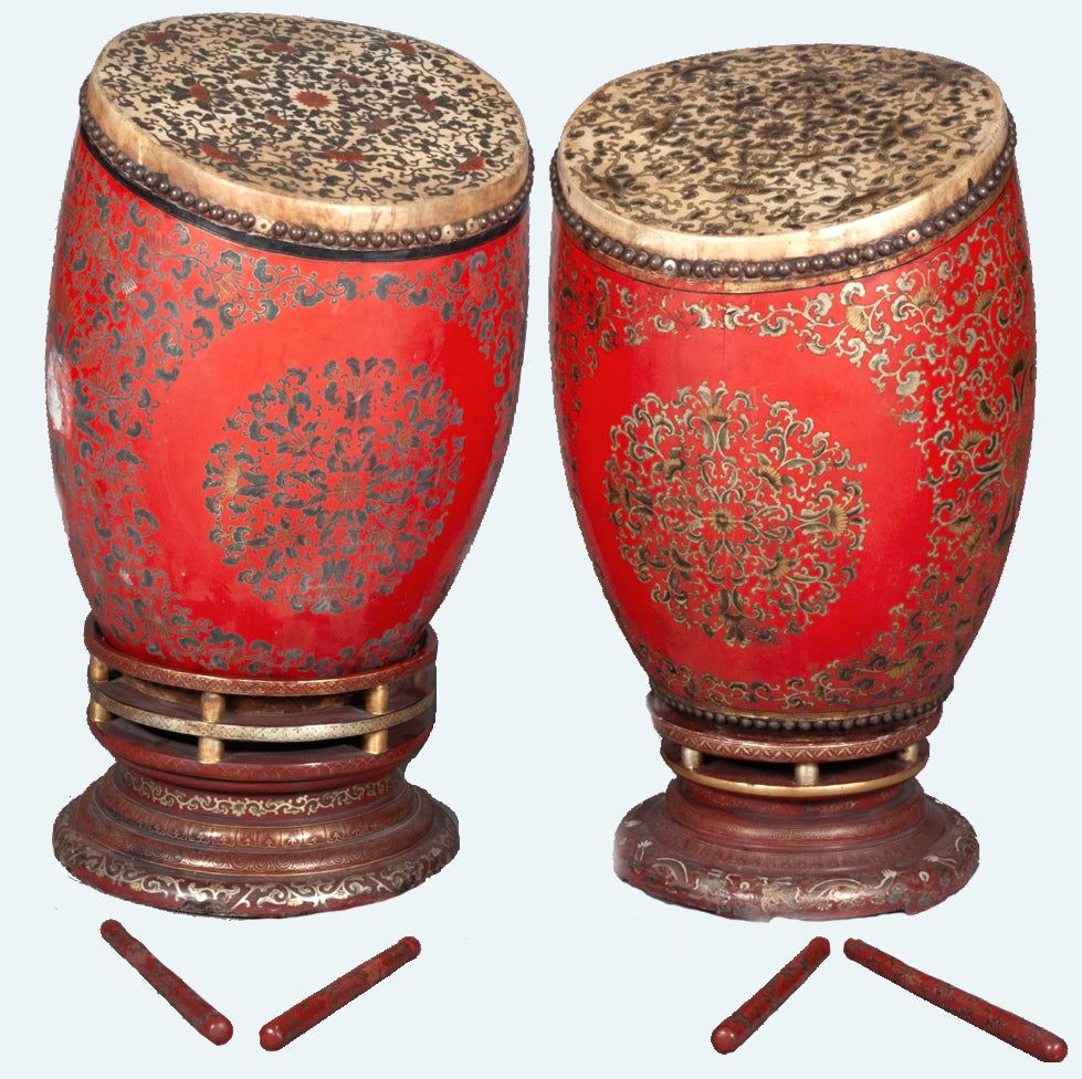 Large Pair of Chinese Lacquered Drums