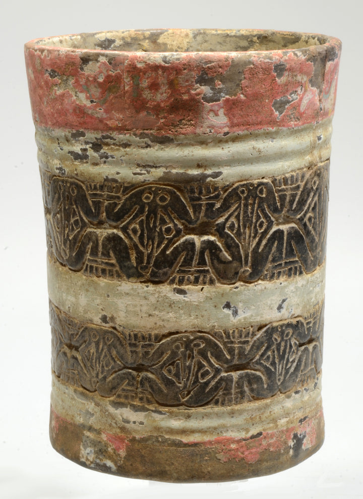 Mayan Incised Stucco Pottery Cylinder Vessel