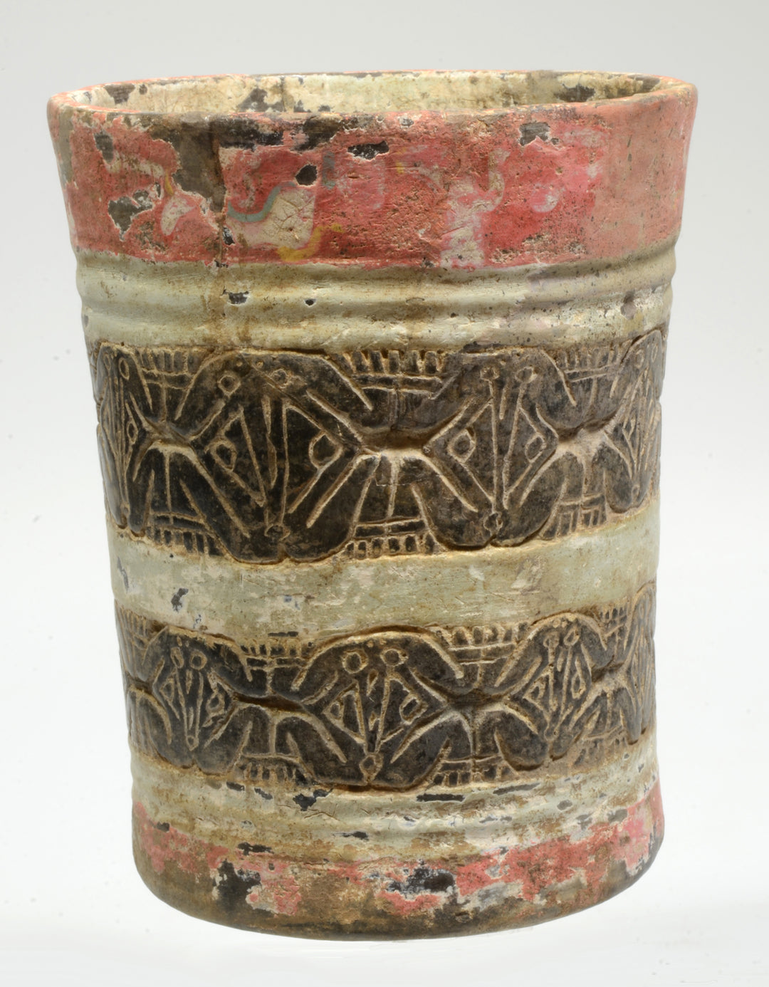 Mayan Incised Stucco Pottery Cylinder Vessel