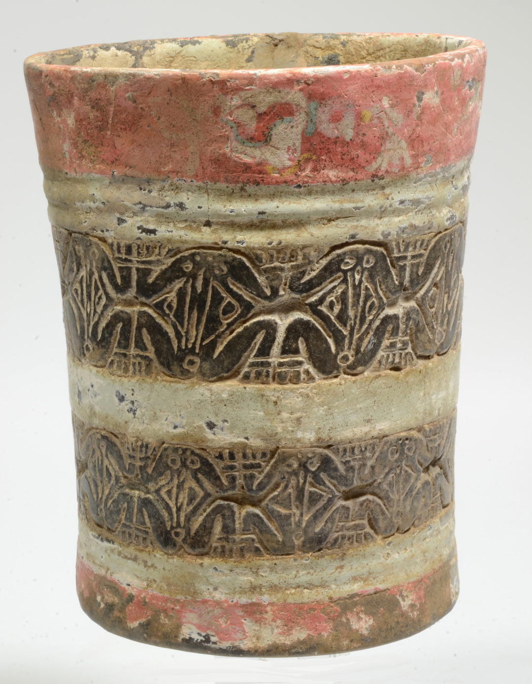 Mayan Incised Stucco Pottery Cylinder Vessel