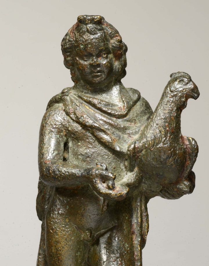 Hellenistic Bronze Standing Nude Youth Holding a Bird