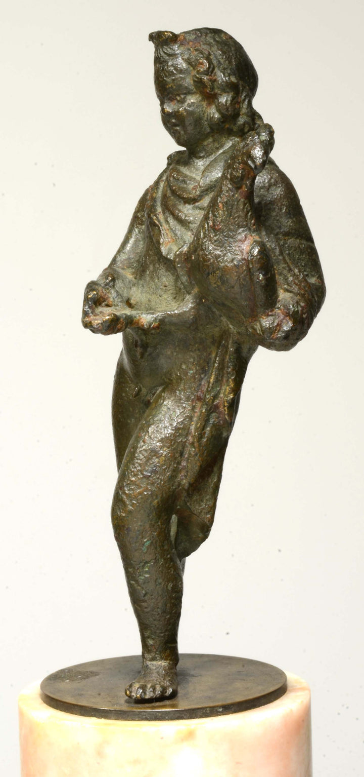 Hellenistic Bronze Standing Nude Youth Holding a Bird