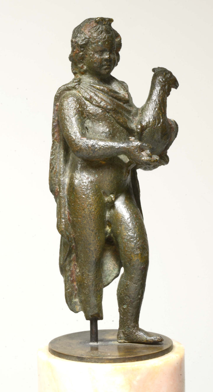 Hellenistic Bronze Standing Nude Youth Holding a Bird