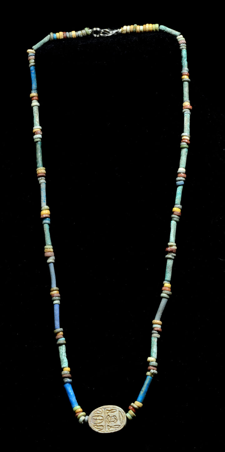 Egyptian Faience Bead and Scarab Pendant Necklace