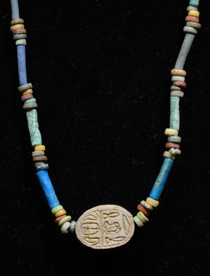 Egyptian Faience Bead and Scarab Pendant Necklace