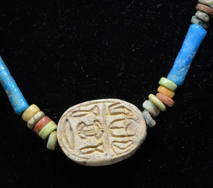 Egyptian Faience Bead and Scarab Pendant Necklace