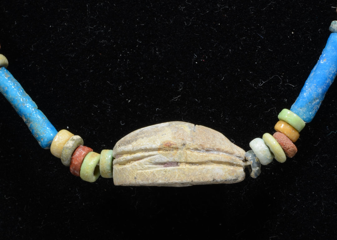 Egyptian Faience Bead and Scarab Pendant Necklace