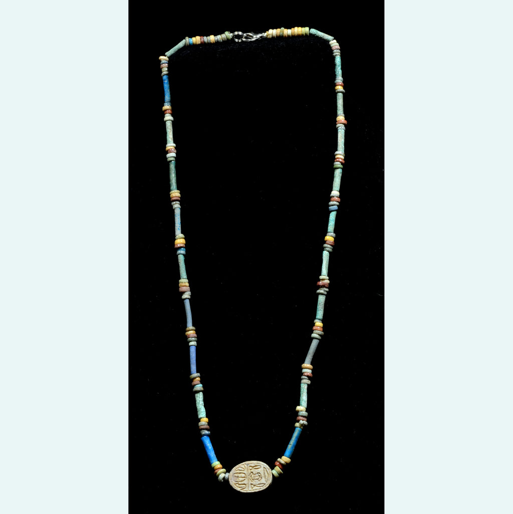 Egyptian Faience Bead and Scarab Pendant Necklace