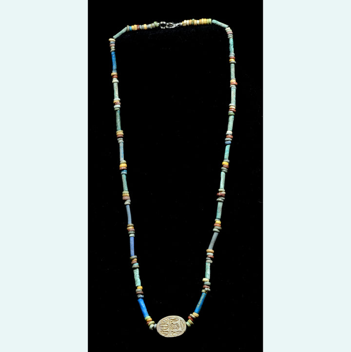 Egyptian Faience Bead and Scarab Pendant Necklace