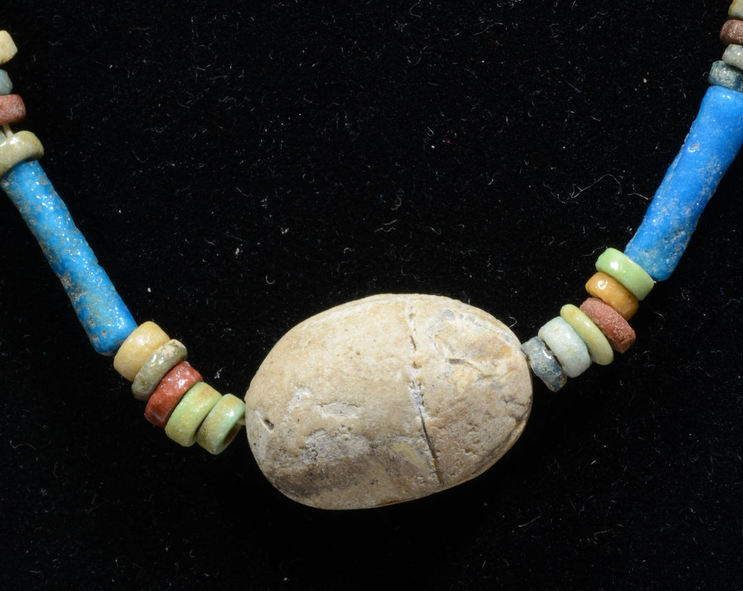 Egyptian Faience Bead and Scarab Pendant Necklace