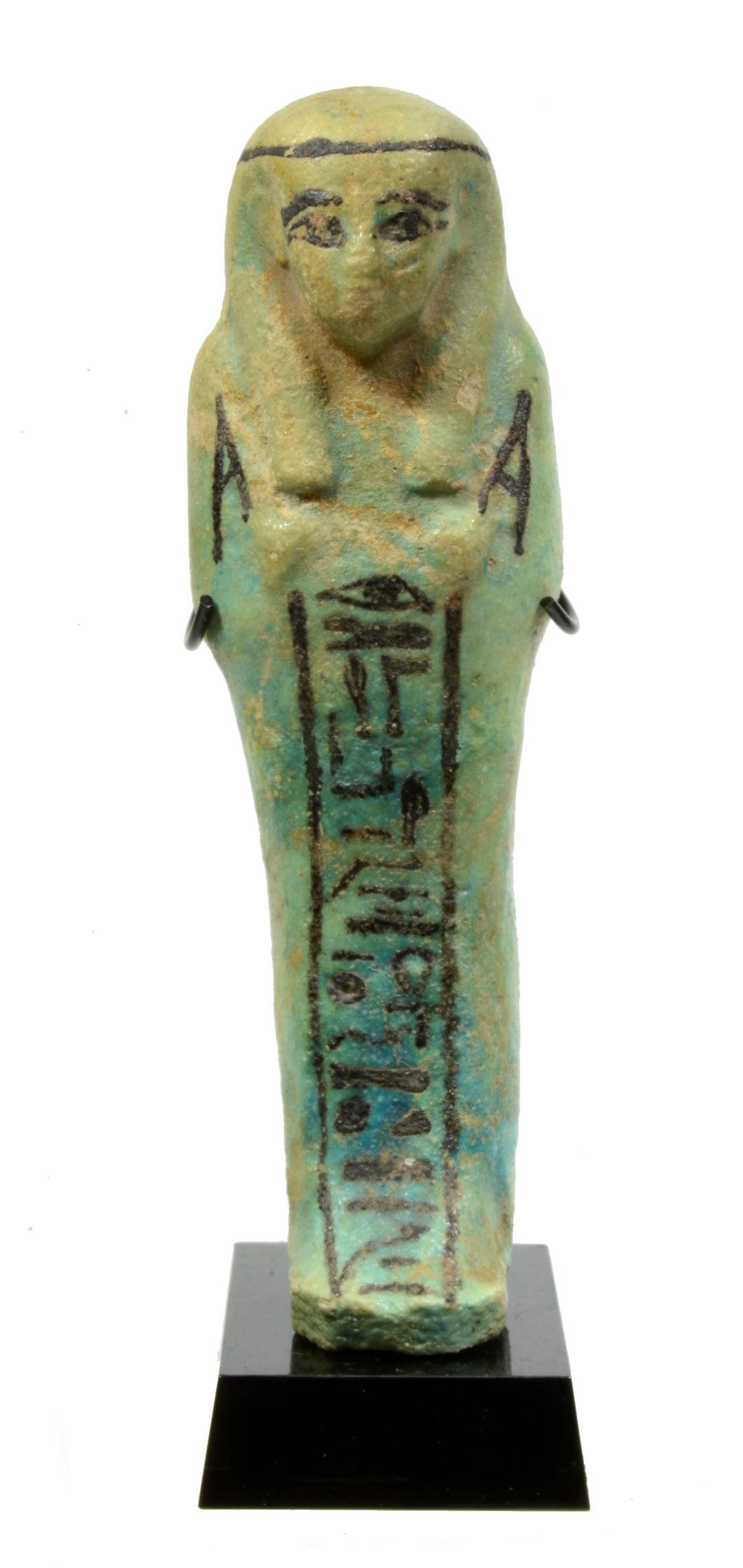 Egyptian turquoise glazed faience ushabti for the Priest of Amun, Nes-Ankhef-Maat