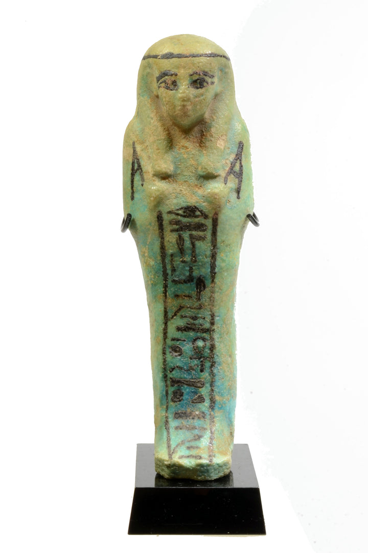 Egyptian turquoise glazed faience ushabti for the Priest of Amun, Nes-Ankhef-Maat