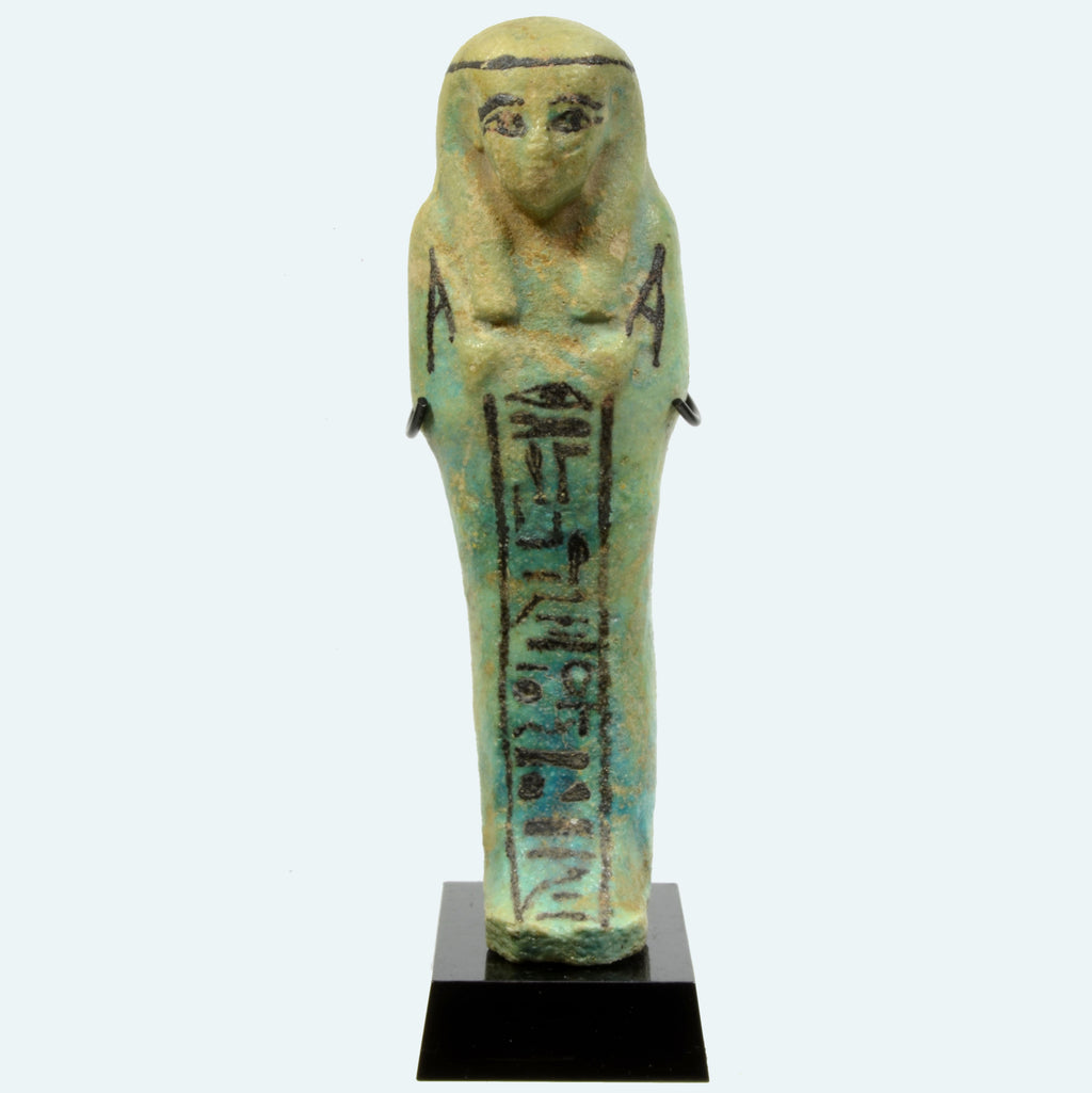 Egyptian turquoise glazed faience ushabti for the Priest of Amun, Nes-Ankhef-Maat