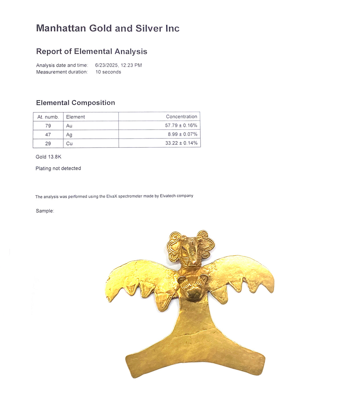 Pre Columbian Veraguas 14k Gold Avian Pendant