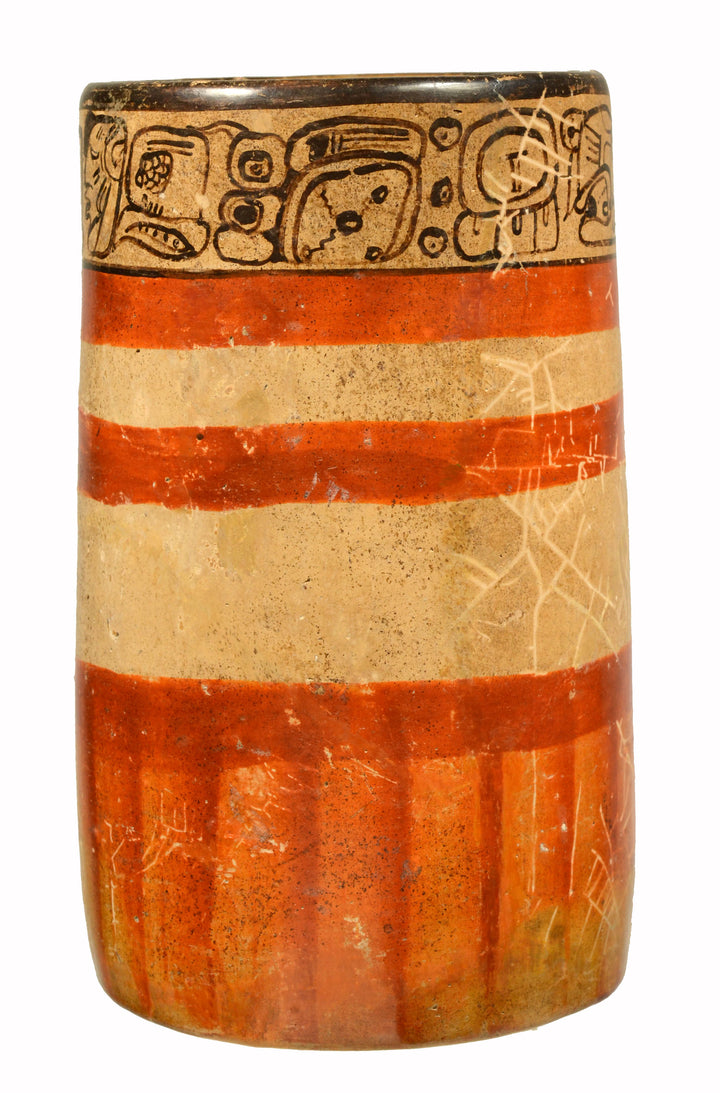 Mayan Polychrome Pottery Ritual Cylinder with Inscription