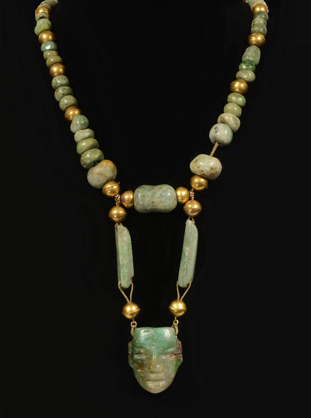 Mayan Gold and Stone Bead and Masket Pendant Necklace