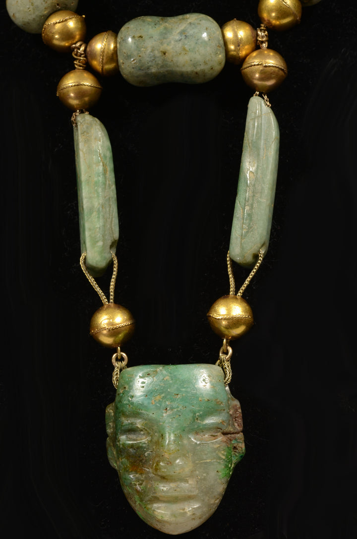 Mayan Gold and Stone Bead and Masket Pendant Necklace