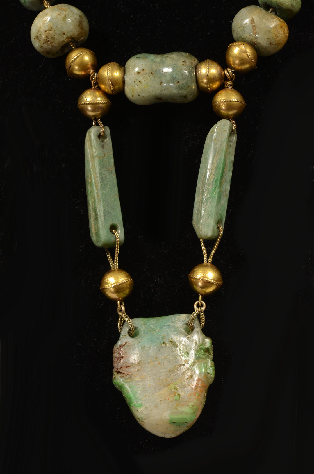 Mayan Gold and Stone Bead and Masket Pendant Necklace