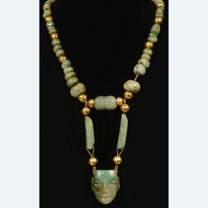 Mayan Gold and Stone Bead and Masket Pendant Necklace