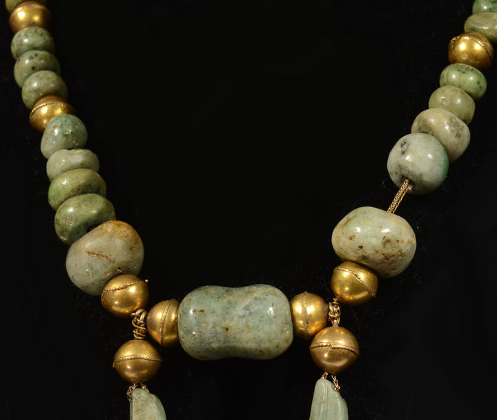Mayan Gold and Stone Bead and Masket Pendant Necklace