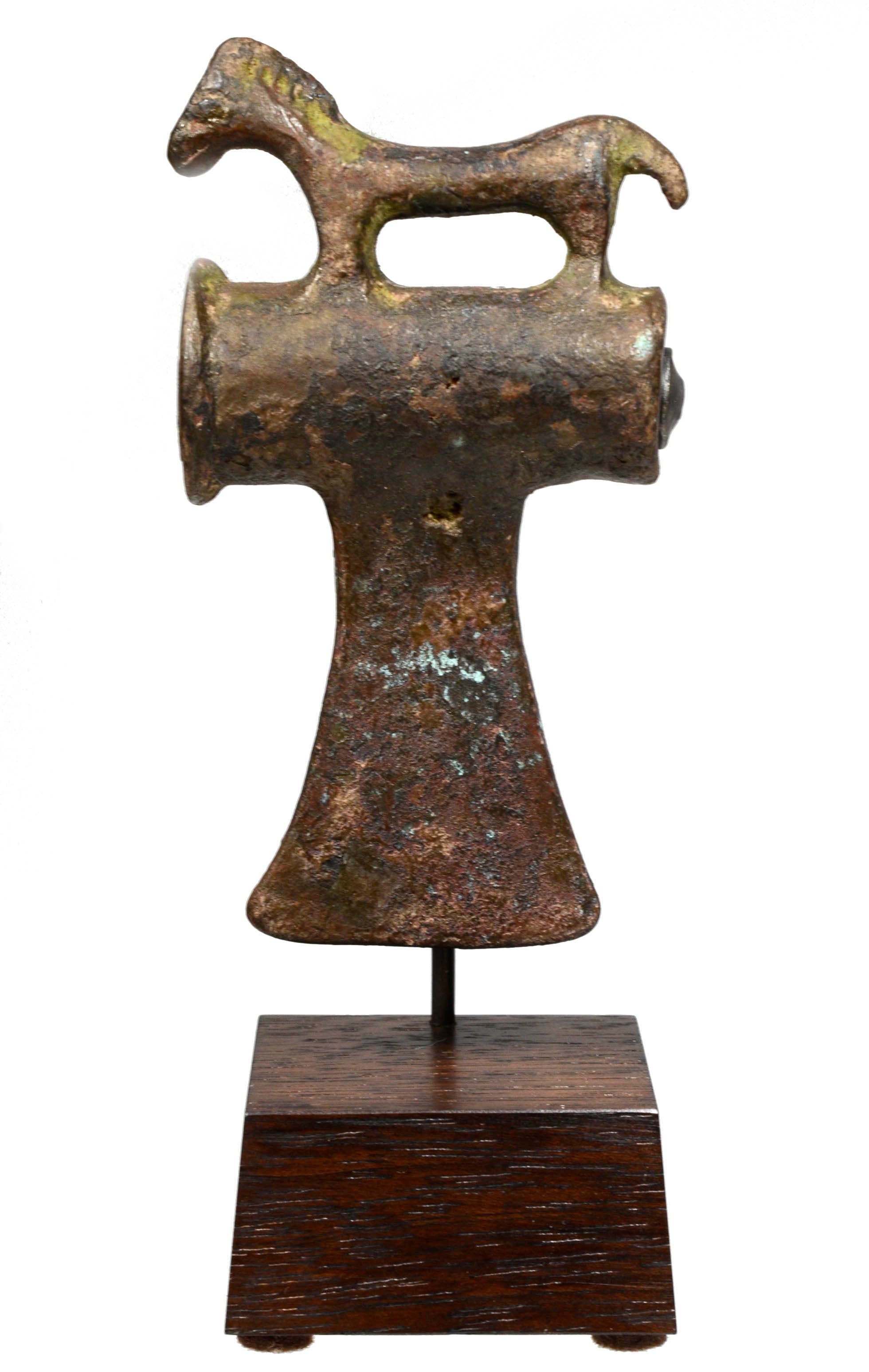 Ancient Bronze Ceremonial Shaft-Hole Axe Surmounted by a Standing