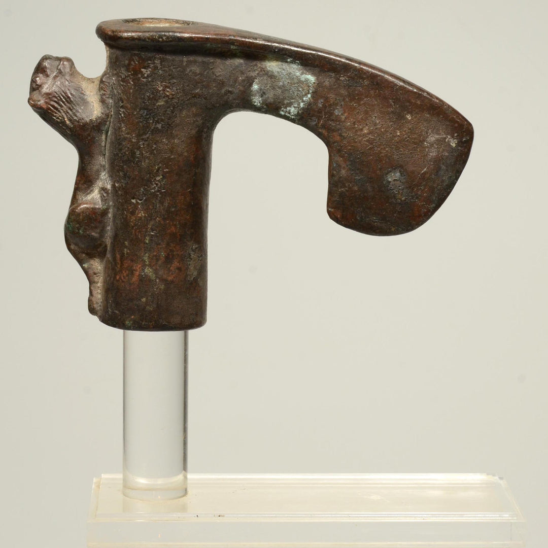 Ancient Luristan Bronze Axe Head With Lion Perched on Handle