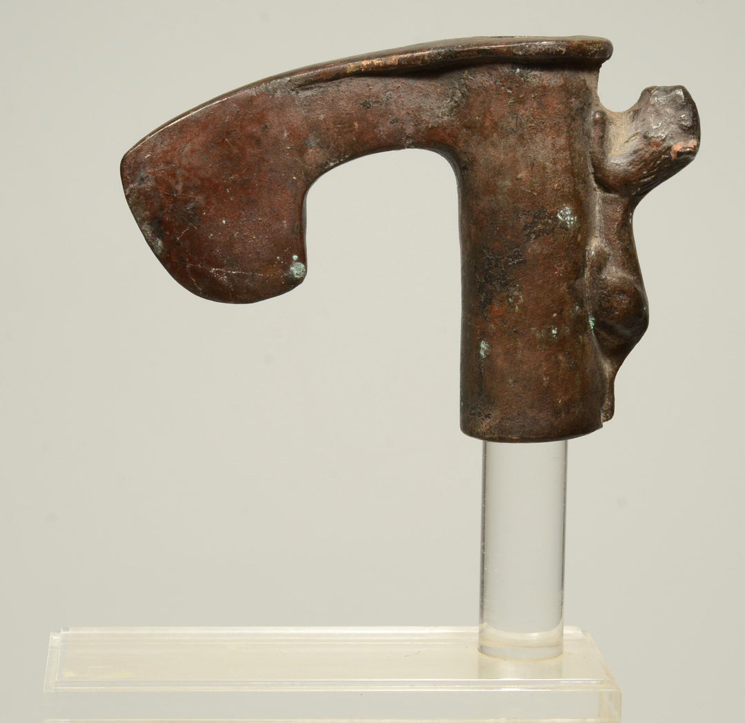 Ancient Luristan Bronze Axe Head With Lion Perched on Handle