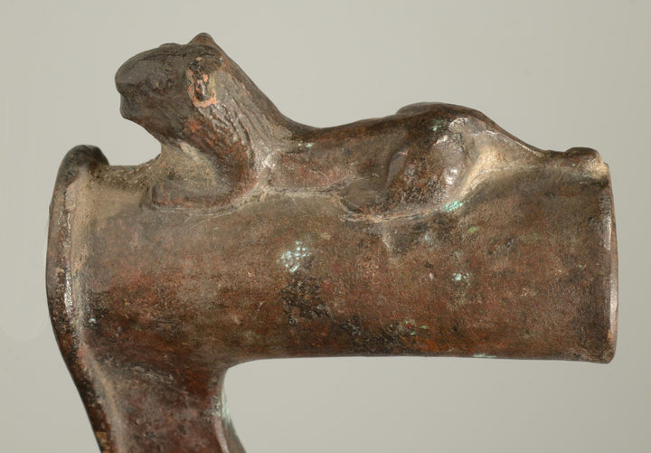 Ancient Luristan Bronze Axe Head With Lion Perched on Handle