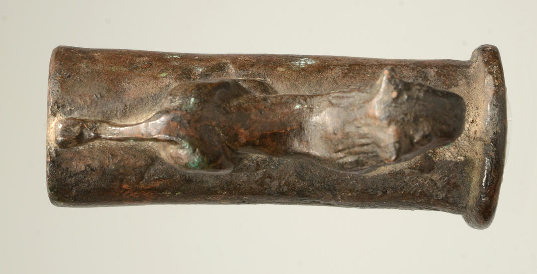 Ancient Luristan Bronze Axe Head With Lion Perched on Handle